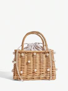 SHEIN SXY 女士手提包，草编包，藤编，珍珠，时尚，优雅，简约，个性化，多功能，适合海滩，度假，节日，夏季，海边 - 米色 - 查看 1