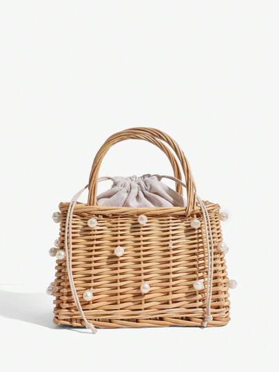 SHEIN SXY 女士手提包，草编包，藤编，珍珠，时尚，优雅，简约，个性化，多功能，适合海滩，度假，节日，夏季，海边