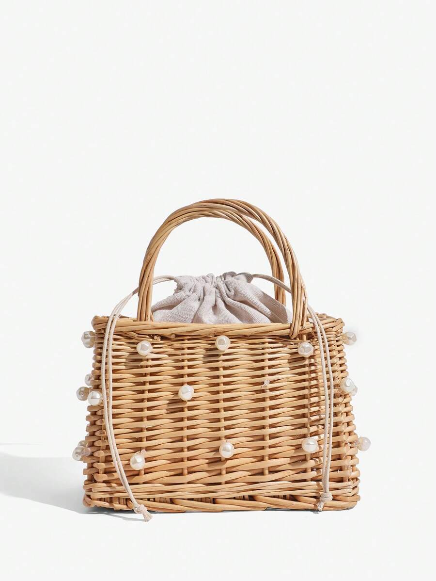 SHEIN SXY 女士手提包，草编包，藤编，珍珠，时尚，优雅，简约，个性化，多功能，适合海滩，度假，节日，夏季，海边 - 米色 - 查看 1