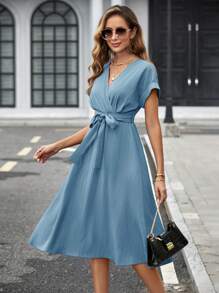 SHEIN Clasi V 领交叉纯色腰带短袖中长款女式连衣裙