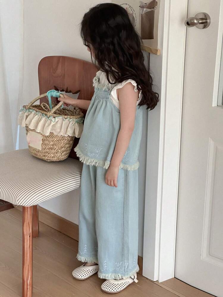 Young Girl Fall Clothes Set: Sleeveless Suspender + Denim Pants, Spring & Summer Young Girl Denim Outfit