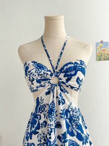 Soleia Blue & White Patterned Hollow Out Cinched Waist Romantic Casual Holiday Dress For Women, Suitable For Vacation, Date, Afternoon Tea, Music Festival, Bohemian