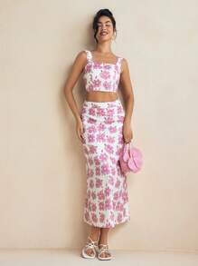 Miriam Omar Designer Floral Cami Crop Top With A-Line Skirt Set Spring And Summer Outfits - Multicolor - View 3