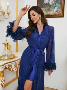 2pcs Set: Luxurious Long Feather Trim Robe & Faux Silk Slip Dress - Navy Blue - View 4