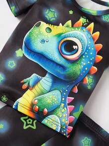 SHEIN GraphicGems 2 Piece Sets Snug Fit Night Wear Kids Young Boy Cartoon Print Glow In The Dark Short Sleeve & Shorts Snug Fit 2-Piece Pajama Set .This Product Requires UV Light Exposure To Glow. - Black - View 3