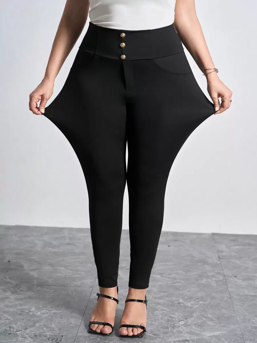 Chikora Plus Size Solid Color High Waist Slim Fit Long Pants For Vacation & Leisure - Black - View 1
