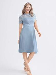 Miaspire Robe mi-longue élégante en dentelle avec empiècement, manches courtes, taille cintrée, bleu clair, convient pour les mariages et les événements sociaux