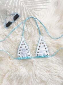 Hollowed Sexy Beach, Rivet Decor Party Music Festival Everyday Casual Vacation Beach Pool Swimwear Bikini Top For Summer - Baby Blue - View 2