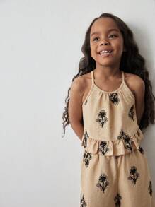 Maija Kids Maija Kids Kleine Mädchen Ferien Lässig mode ärmelloses Rüschen Dekor Loose Top und gerades Bein Hosen Set, Stickerei, beige, vielseitig, Frühling/Sommer