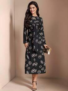 TrendSteals Women's Casual Crew Neck Long Printed Dress - Black - View 1