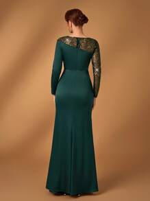 Serin Elegante y lujoso vestido sirena de manga larga con volantes en gris oscuro bordado con encaje satinado, adecuado para bodas, banquetes, fiestas, vacaciones, vestido de madre de la novia