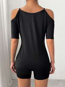 INAWLY 2pcs/Set Sexy V-Neck Zipper Short Sleeve Bodycon T-Shirt And Shorts Set - Black - View 2