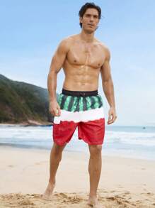Manfinity KASUA Men's Watermelon Print Drawstring Waist Casual Beach Shorts Men Swim Trunks - Red - View 3