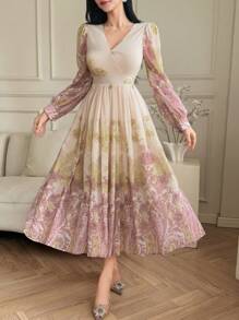 DAZY Đầm midi cổ vuông in hoa toàn thân phong cách Bohemian dành cho nữ, thanh lịch, đầm tay dài mùa thu, đầm lễ Phục sinh. - Màu Hồng  Dưa hấu - Xem 3