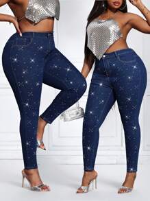 SHEIN SXY Quần jean xanh co giãn đính đá cỡ lớn, ôm vừa vặn, co giãn cho nữ, quần jean nữ, quần jean nữ, quần jean bó cho nữ, quần jean nữ cỡ lớn, quần jean nữ mùa xuân, quần jean nữ câu lạc bộ, quần jean nữ gợi cảm cho buổi hòa nhạc - Rửa trung bình - Xem 1