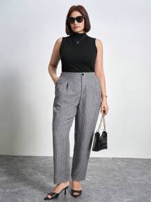 Chikora Plus Size Ruched Slim Fit Stand Collar Tank Top Concert Women Outfit,Business Casual Woman