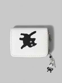 ROMWE Goth White & Black Cat With Bowknot Pendant Short Wallet, Cute Multifunctional Card Slots Purse