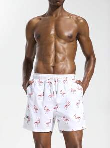 Surfspeed Men's Flamingo Print Drawstring Waist Beach Shorts - White - View 8