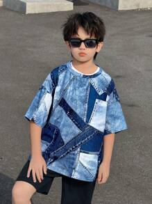 SHEIN Tween Boys' Casual Versatile Comfortable Denim Effect Loose Fit Crew Neck Short Sleeve Knit T-Shirt, Suitable For School, Garden, Beach, Birthday, Spring/Summer, Fall, Winter - Multicolor - View 1