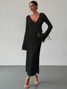 Aloruh Women's Autumn/Winter New Arrival Sexy Fashionable Front Tie Top And Low-Waisted Ruched Texture Long Skirt 2 Pieces Set