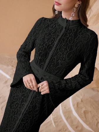 Al Najma Women's Lace Hem Maxi Dress With Belt, Elegant & Luxurious Turkish & Arabic Traditional Kaftan Women Plus Clothing Formal