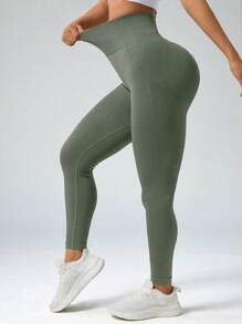 Easithlete Wide Waistband Colorblock Sports Leggings - Army Green - View 8