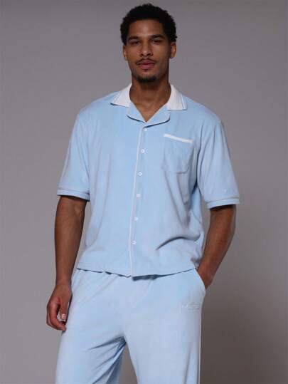  男士丝绒撞色口袋“Musero”标语超大号衬衫上衣