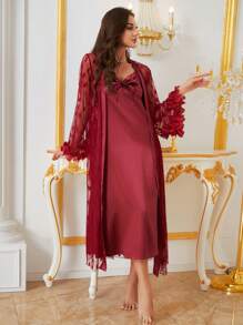 2pcs/Set Heart Lace Flare Sleeve Sleepwear Robe And Spaghetti Strap Long Dress - Burgundy - View 4