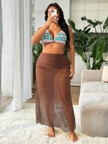 SHEIN Swim Curve 3 件套加大码女士泳衣套装，带网眼裙，夏季休闲沙滩装 - 彩色 - 查看 4
