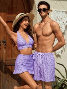 Manfinity VDAYZ Pantalones cortos de playa de cintura con cordón con estampado floral diminuto para novio, estilo hawaiano