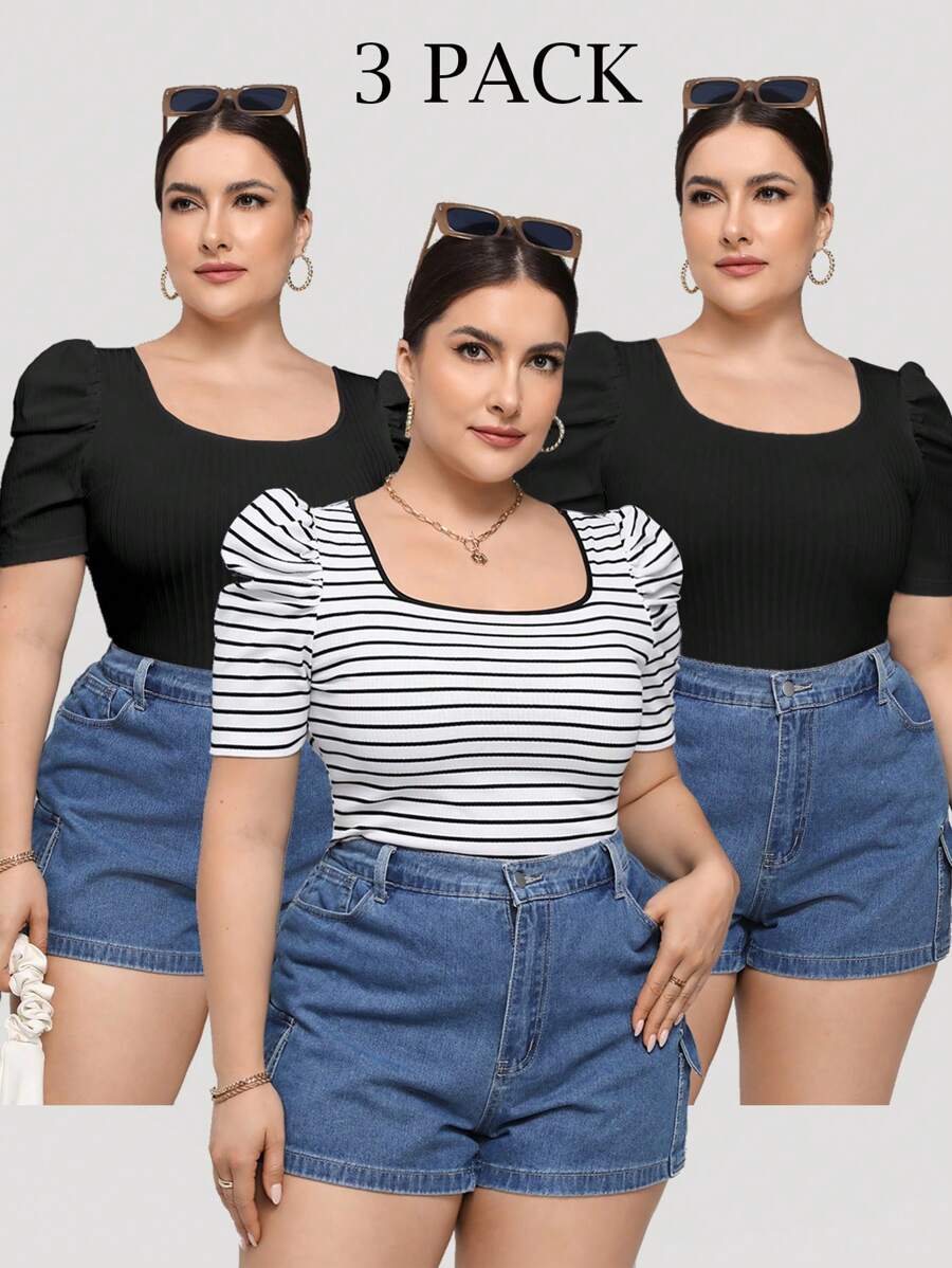 SHEIN Essnce 大码女式夏季休闲紧身方领T恤3件装，夏季，女式可爱上衣，条纹T恤，夏季 - 黑與白 - 查看 1