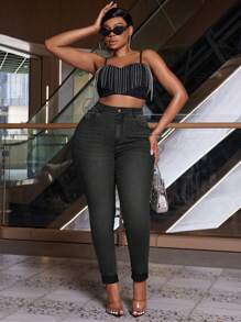 SHEIN SXY Plus Size Women Stretch Skinny Fit Vacation Summer High Stretch Jeans - Grey - View 6