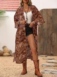 SHEIN Clasi Women's Elegant Collarless 3/4 Sleeve Split Hem Long Pelerine Chiffon Floral Print Vacation Blouse Concert Women Country Vacation Women Top - Multicolor - View 3