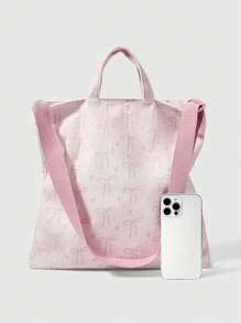 ROMWE Kawaii 女士宽敞灯芯绒手提包 - 蝴蝶结印花多功能钱包，可斜挎/肩背