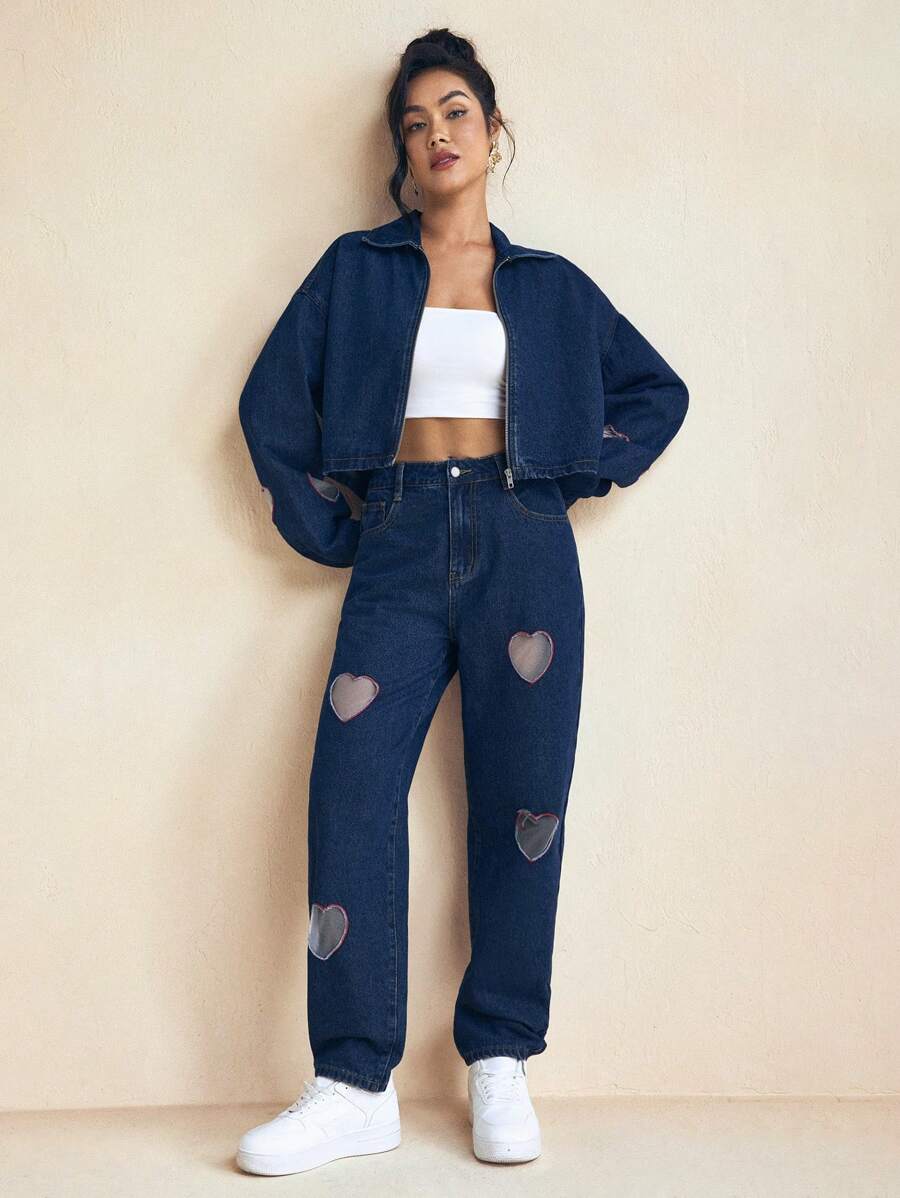 MODERRE Vestes en jean crop lavées avec découpes en forme de cœur à couture rouge, design - Jean brut - Voir 1
