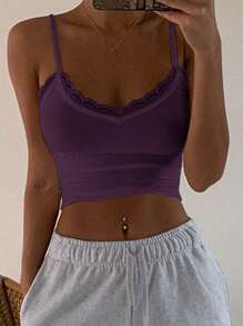 DAZY Sleeveless Solid Color Lace Trim Purple Camisole Top For Summer Crop Women Tops - Purple - View 1