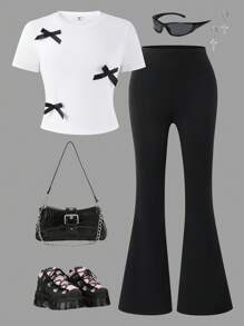 SHEIN Korean Style Bowknot Short Sleeve Top And Flared Pants Outfit, Fashion Casual Set For Teen Girls Suitable For Summer Commute, Leisure, Parties, And Elegant For Wedding Guests