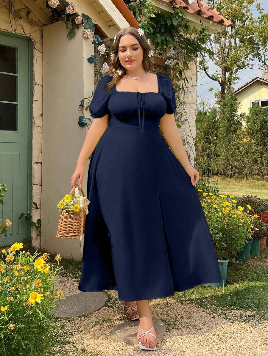 Flirla Plus Size Solid Scoop Neck Short Sleeve Split Thigh Length Dress, Summer, For Christmas Maxi Vacation Beach Outfits Women - Navy Blue - View 1