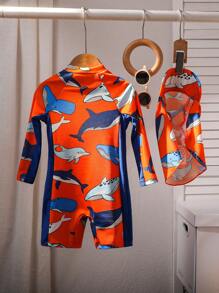 SHEIN 2 Stücke/Set süßer Kleine Jungen Cartoon Muster Farbblock Langarm Badeanzug & Hut Set, perfekt für Urlaub/Strand/Pool, geeignet für Frühling/Sommer