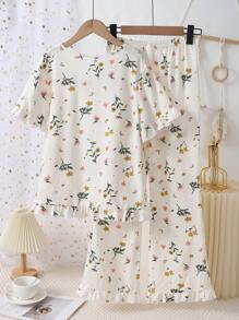 青少年女孩纹理面料碎花正面蝴蝶结细节褶皱休闲 2 件短裤袖上衣和裤子家居服套装 - 彩色 - 查看 2