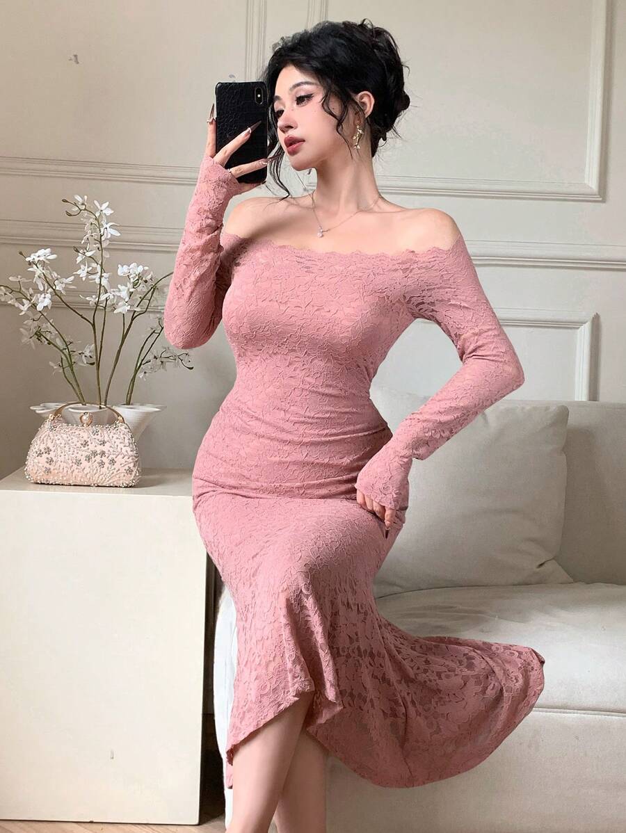 DAZY 女士蕾丝拼接长款正式派对礼服，优雅荷叶边秋季连衣裙，长袖露肩设计 - 粉色 - 查看 1