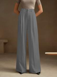 Anewsta 女士现代时尚简约阔腿西装裤，商务休闲春夏装 - 淺灰色 - 查看 5