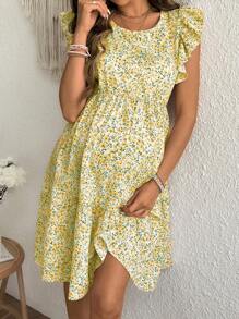 SHEIN Ruffle Trim Floral Printed Loose Short Sleeve Summer Dress Maternity Dress - Yellow - View 4