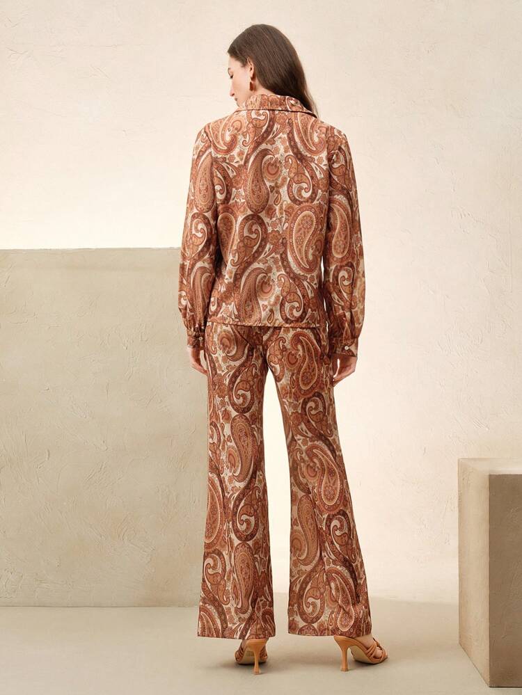 2pcs Women Elegant Casual Blouse & Pants Set, Cashew Flower Modern Style Outfit