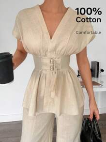 Siren Gaze 100% 纯棉女式两件套，巧妙可调节腰部褶皱衬衫和裤子套装，新款简约优雅日常通勤杏色竹纤维 V 领上衣配腰带和高腰直筒阔腿裤套装，女士夏季服装棉质女装女士休闲套装 - 杏色 - 查看 4