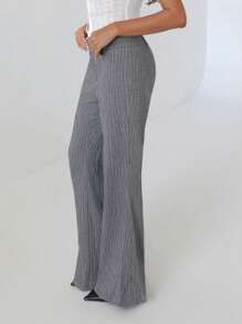 Roylia Women's Asymmetrical Waist Loose Flared Pants, Elegant Striped Design Fall Cloth For Women - Grey - View 5