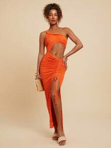 Travachic Vestido de mujer con abertura alta, escote asimétrico, cordón y diseño en unicolor, ideal para vacaciones - Vestido de mujer, conjunto de fiesta de mujer, vestido de noche de mujer, elegante, para vacaciones - Naranja - Ver 3