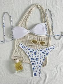 SHEIN Swim 2pcs/Set 2025 New Beach Outfit, Women Casual Vacation Suit, Blue & White Floral Print Ruffle Halter Swimwear With Matching Printed Ruffle Trim Triangle Bottoms For Summer - Blue and White - View 2