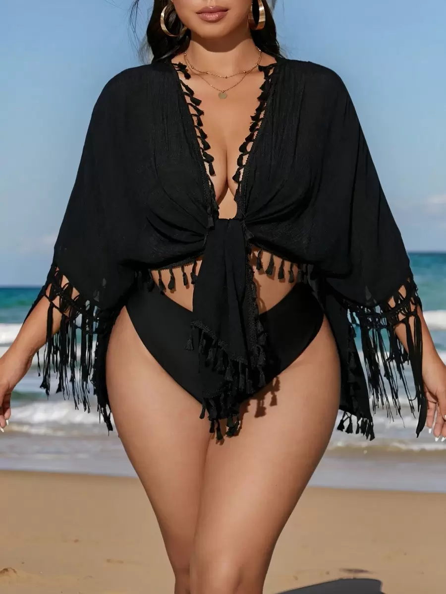 SHEIN Swim Lushore Plus Size Women Loose Knitted Floral Lace Tassel Tie Beach Cover Up Kimono, Summer Vacation - Black - View 1