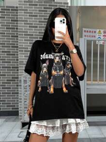 SHEIN Tween 女童春夏款加大圆领短袖杜宾犬印花 T 恤 - 黑色 - 查看 6